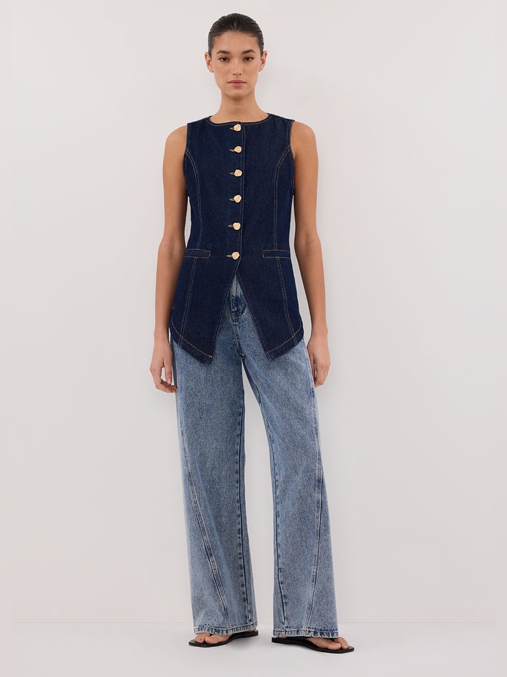 Dissh Olly Indigo Denim Vest US 12 Dark Blue Sleeveless Quiet Luxury Minimal NWT